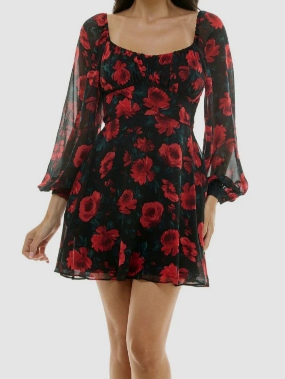 B Darlin Black Dress with Red Floral Print — Long Sleeve Tie-Back Mini